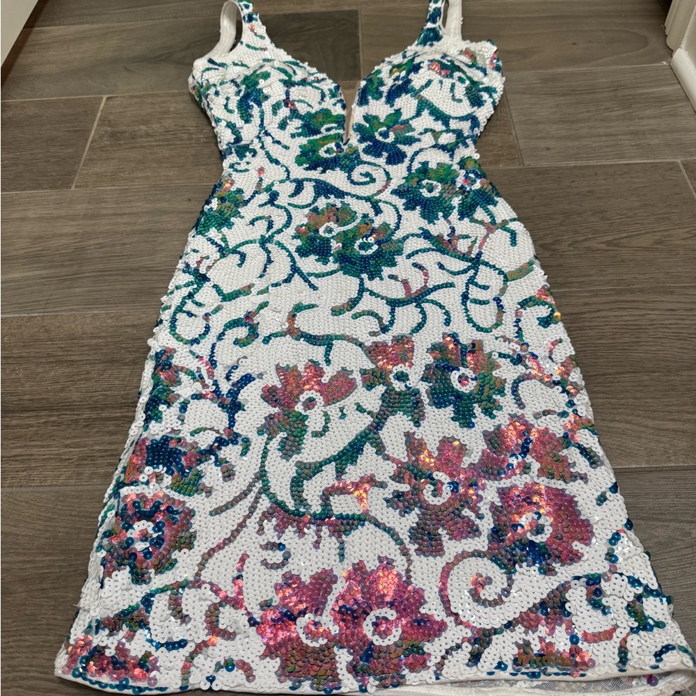 Homecoming Jovani White Floral Sequin Mini Dress